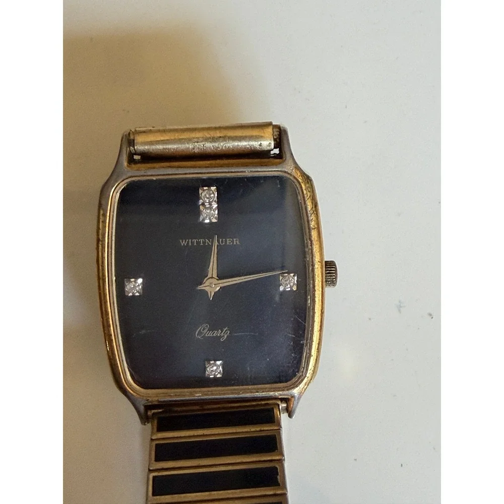 Wittnauer Quartz Watch Mens Black Dial Gold‎ Tone Speidel NOT WORKING  Vintage